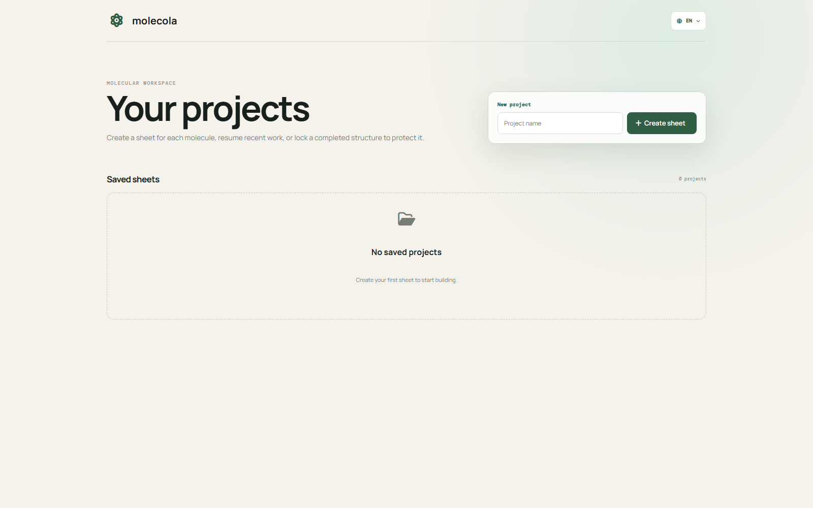 Dashboard di ChemHub per creare e gestire progetti molecolari